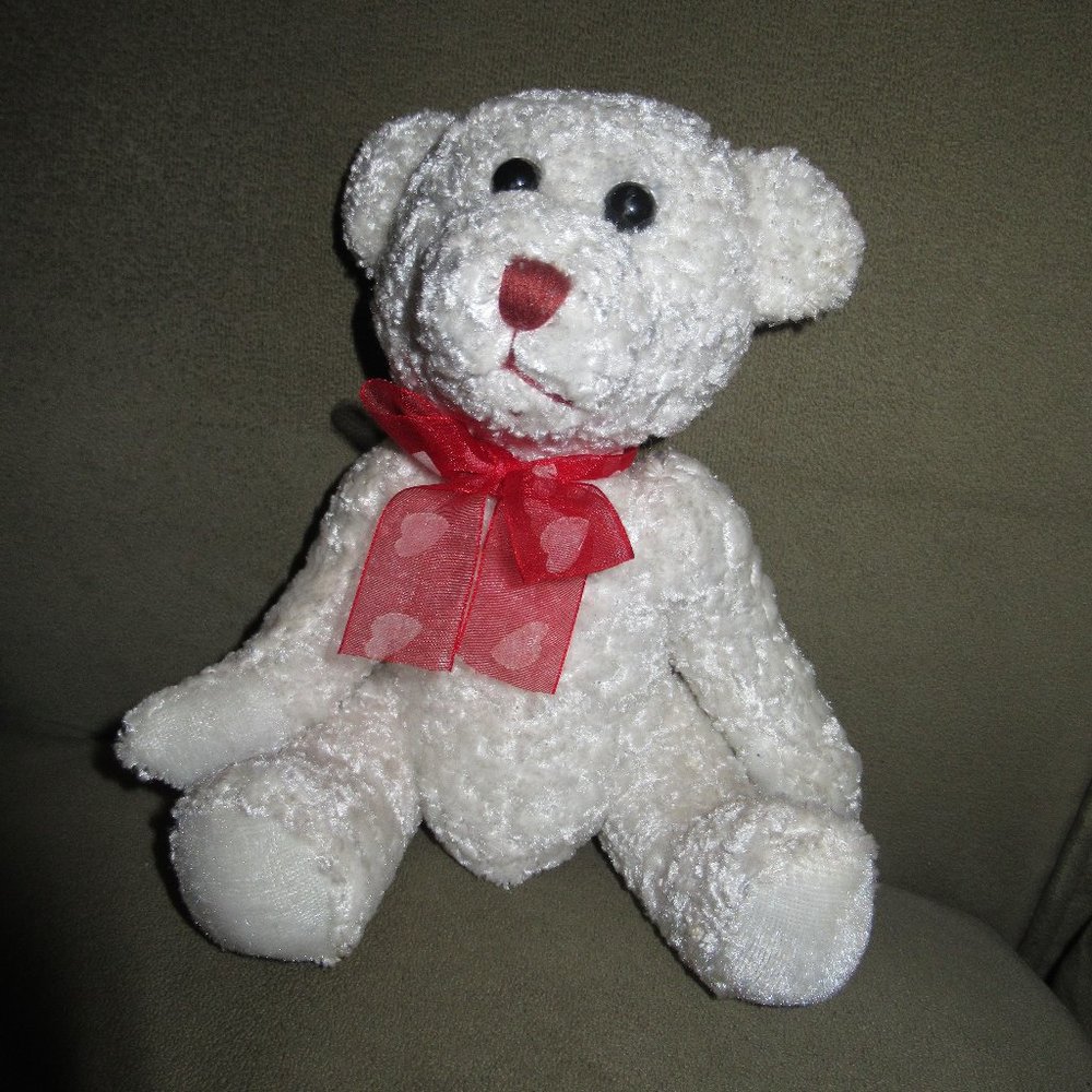 Flomo Valentine's Day Anniversary white plush bear red heart ribbon 6"